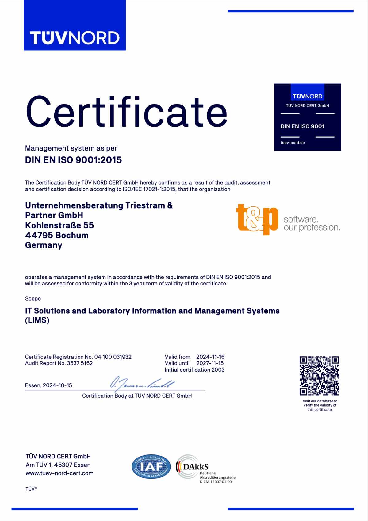 Zertifikat Qualitätsmanagementsystem